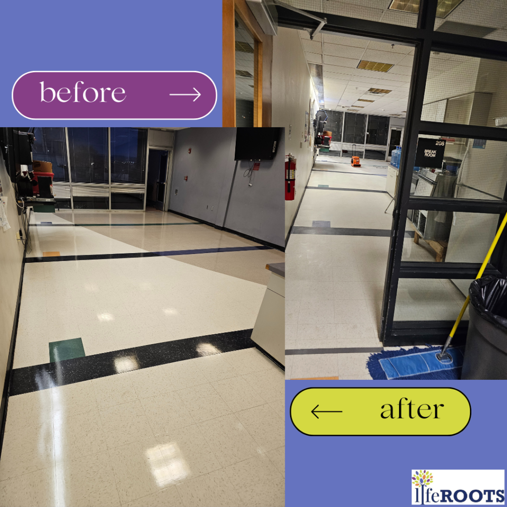 Before and after images of a hallway showing significant cleanliness improvement with a cleaning machine.